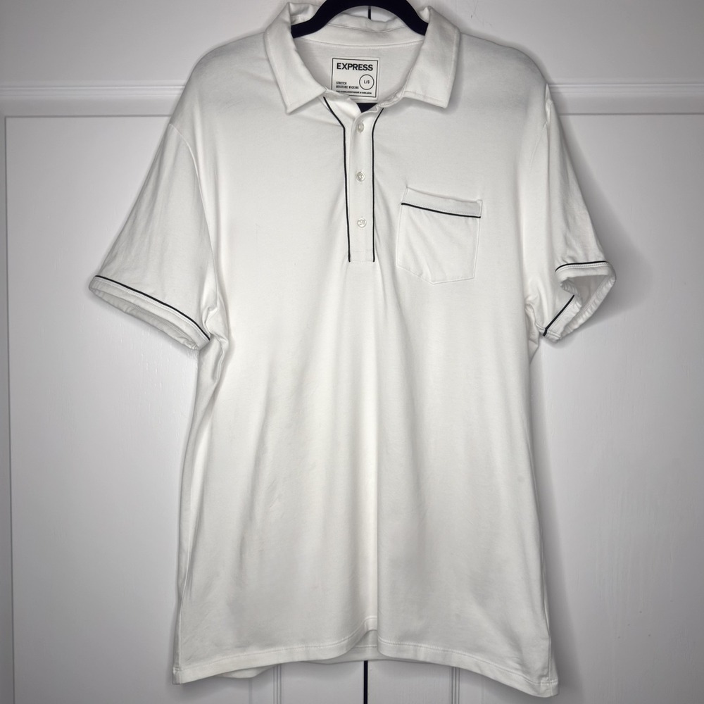 Express Polo Shirt Mens Large White Stretch Moisture Wicking Trim Pocket Knit